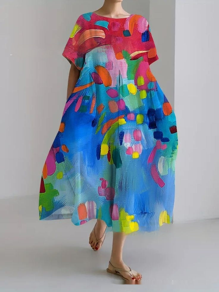 Womens 3D-printed Loose-fit Short-sleeve Dress