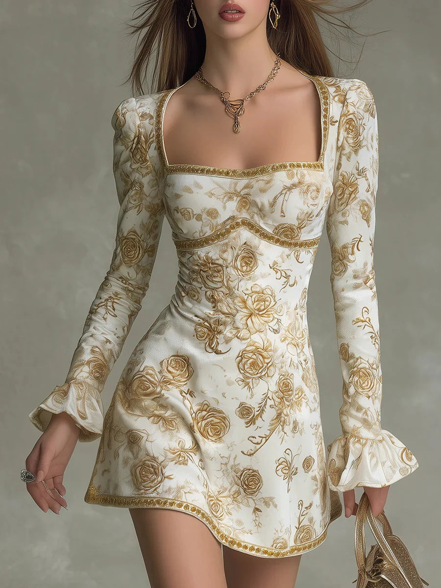 French Retro Floral Print Square-Neck Backless Dress