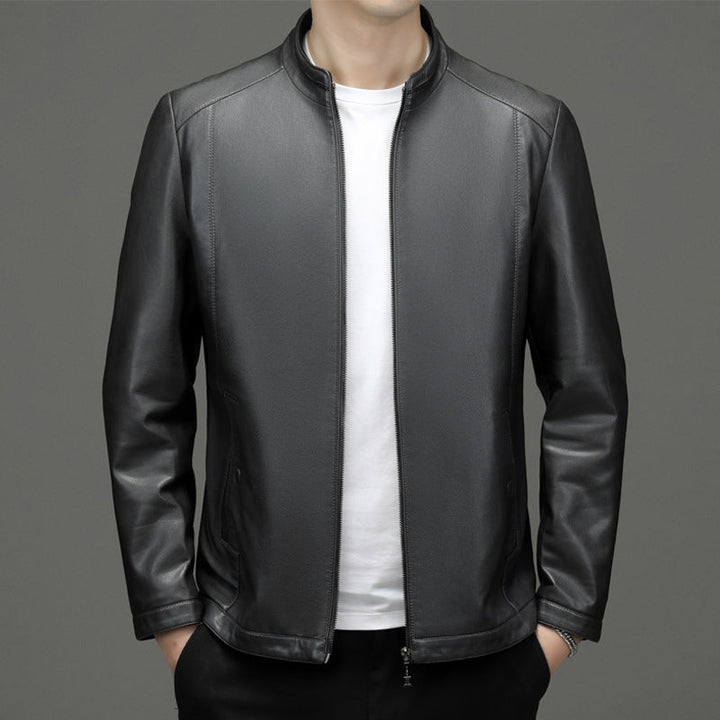 Black men's business fleece padded casual sheepskin leather jacket with polyester lining