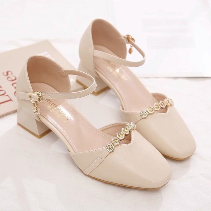 Mid-heel Fairy-style Slingback Soft Leather Square-toe Pumps