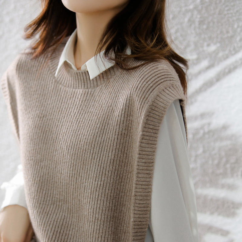 Womens Knitted Crew-Neck Vest Casual Loose-Fit Sleeveless Waistcoat