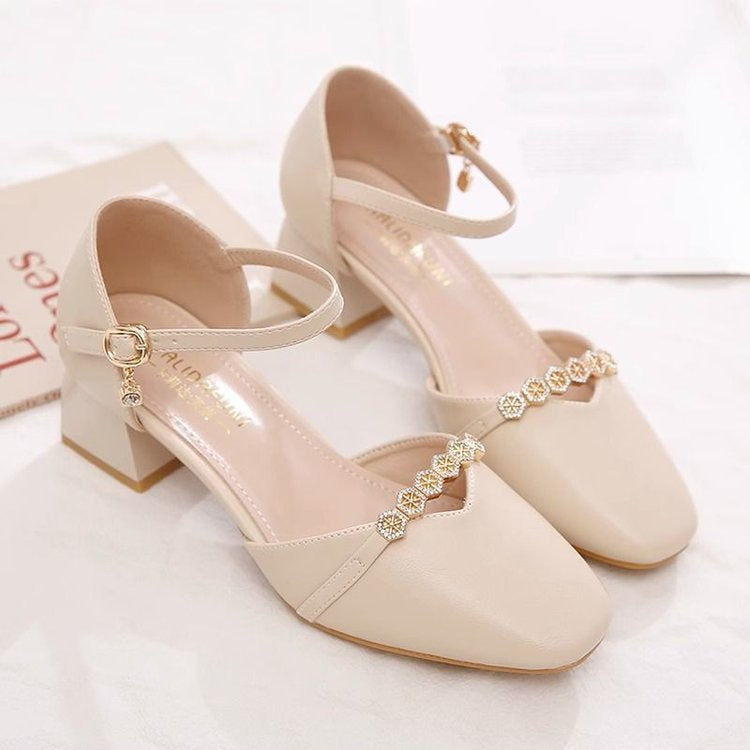 Mid-heel Fairy-style Slingback Soft Leather Square-toe Pumps