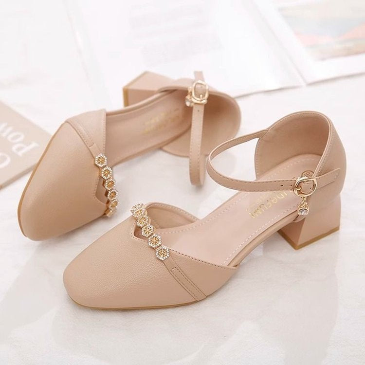 Mid-heel Fairy-style Slingback Soft Leather Square-toe Pumps