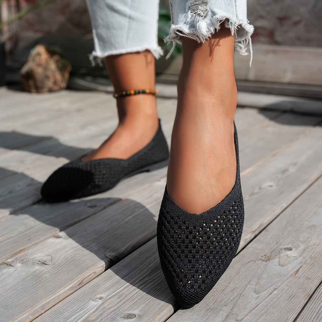 Womens Solid-Colored Pointed-Toe Flat Shoes Casual Fabric Flyknit Loafers