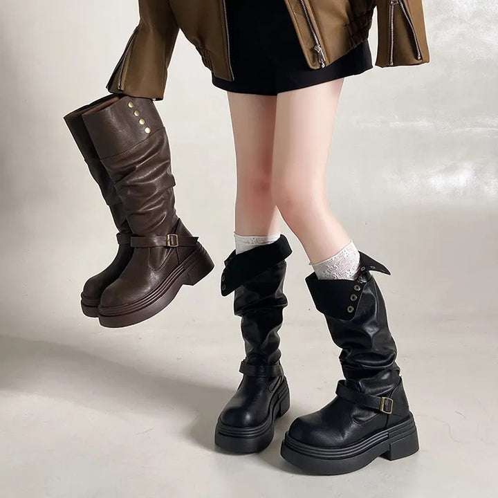 Womens Fashionable Chunky-Soled Versatile Over-the-Knee Booties
