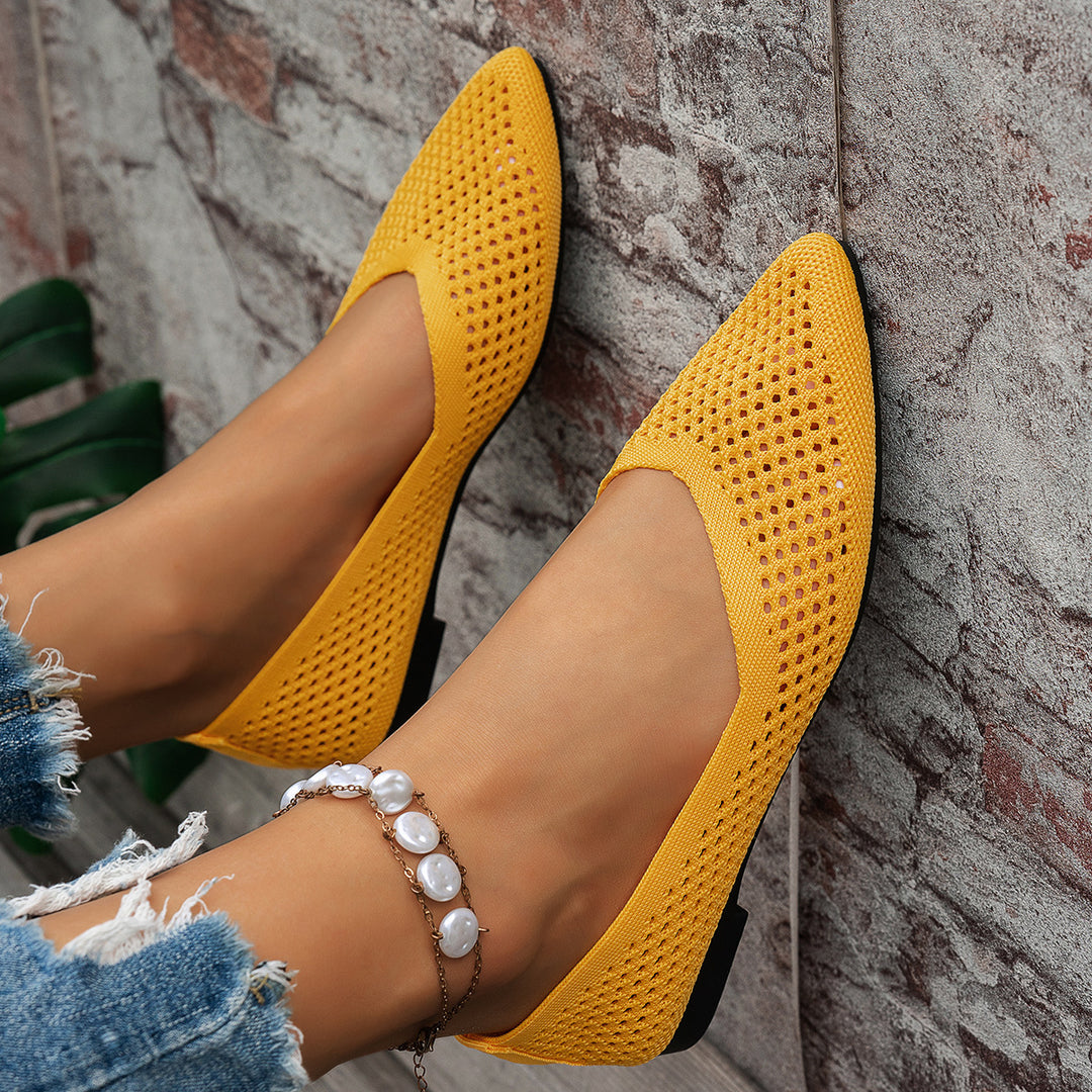 Womens Solid-Colored Pointed-Toe Flat Shoes Casual Fabric Flyknit Loafers