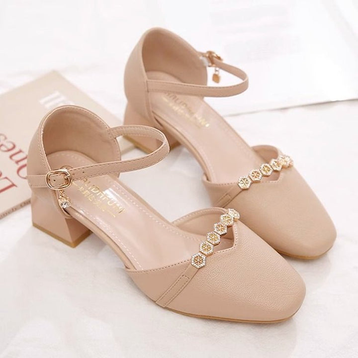 Mid-heel Fairy-style Slingback Soft Leather Square-toe Pumps