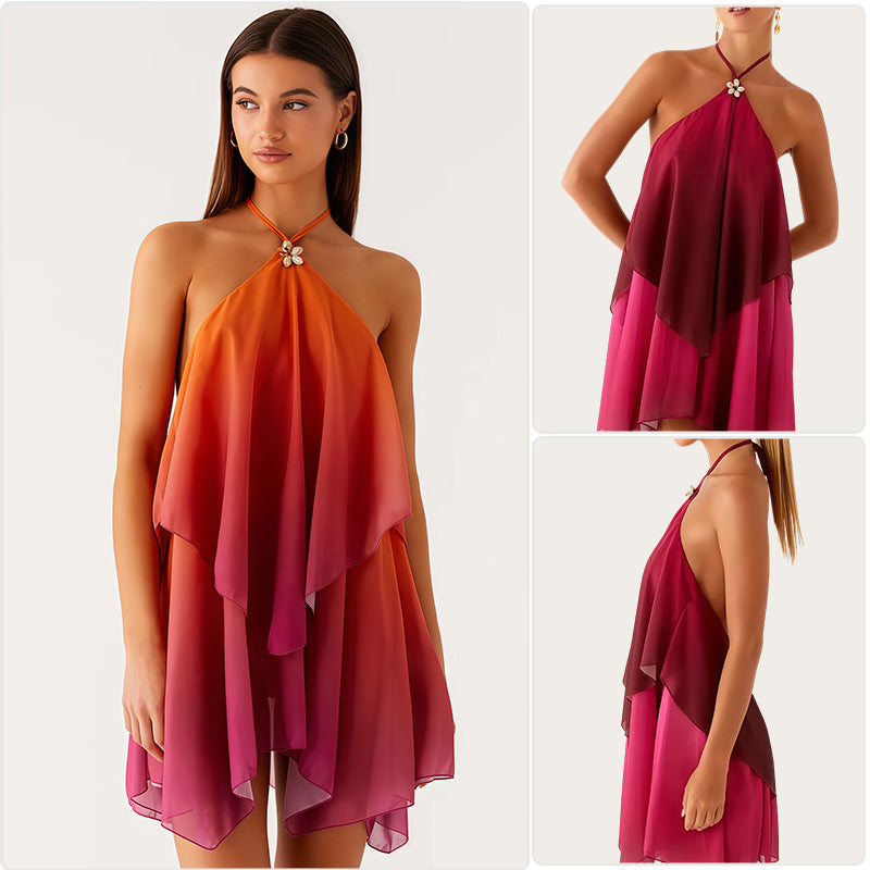 Mesh Gradient Color Halter Loose Dress
