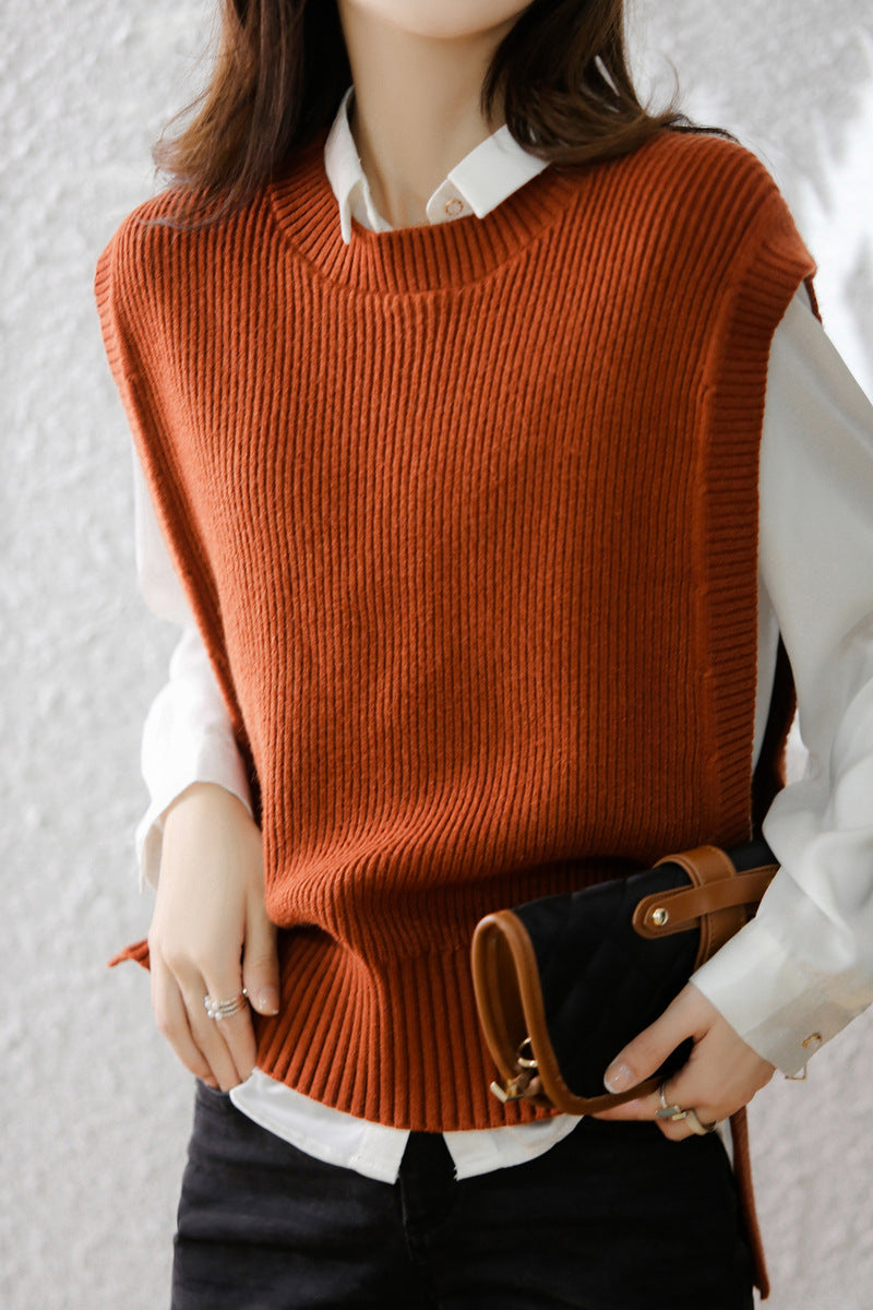 Womens Knitted Crew-Neck Vest Casual Loose-Fit Sleeveless Waistcoat