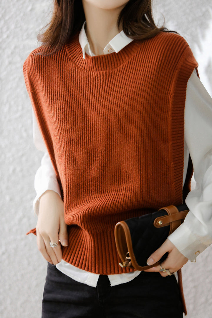Womens Knitted Crew-Neck Vest Casual Loose-Fit Sleeveless Waistcoat