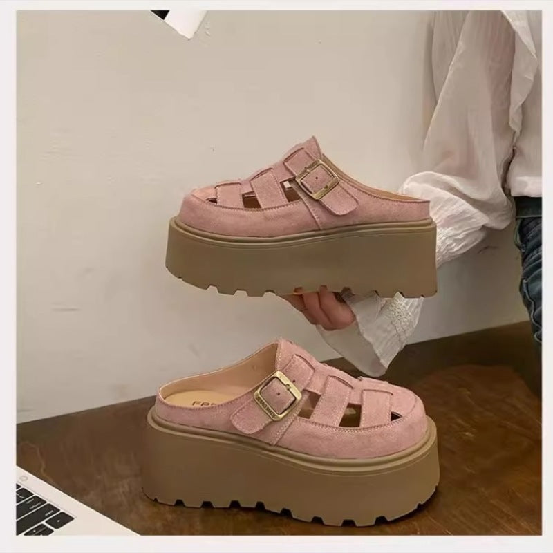 Small Chunky-soled Closed-toe Mule Sandals Hollow-out Roman Style Slippers