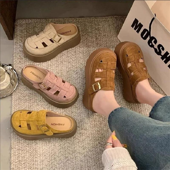 Small Chunky-soled Closed-toe Mule Sandals Hollow-out Roman Style Slippers