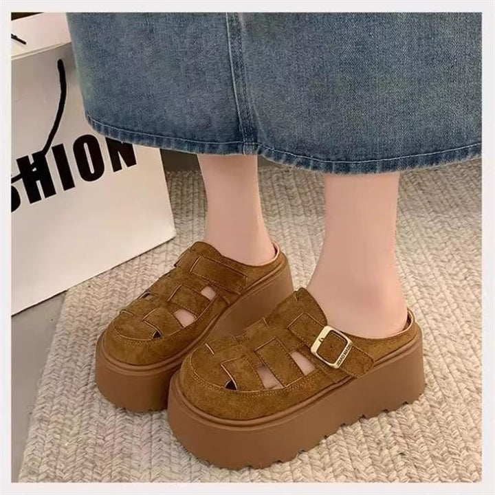 Small Chunky-soled Closed-toe Mule Sandals Hollow-out Roman Style Slippers