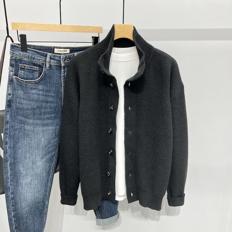 Stand Collar Cardigan Sweater Men Loose Casual Jacket