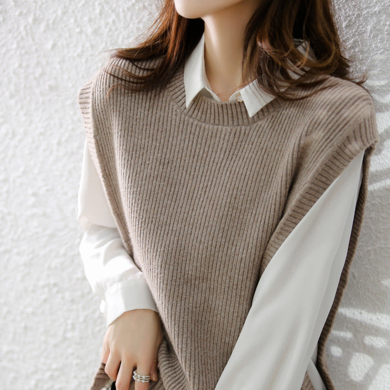 Womens Knitted Crew-Neck Vest Casual Loose-Fit Sleeveless Waistcoat