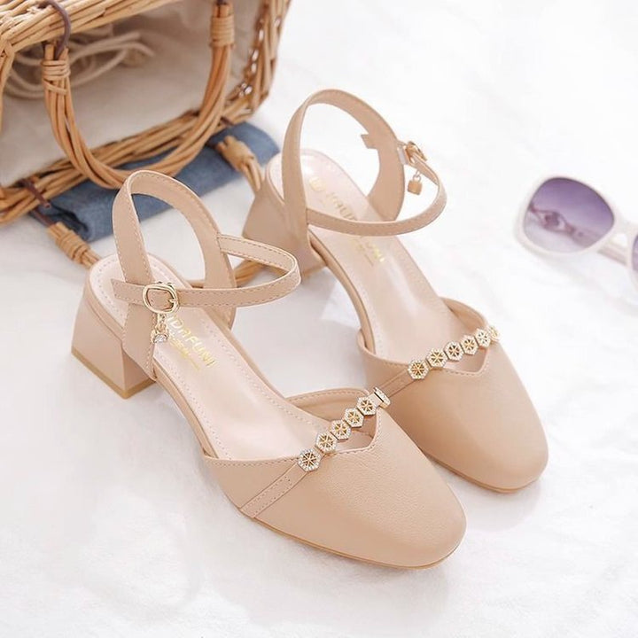 Mid-heel Fairy-style Slingback Soft Leather Square-toe Pumps