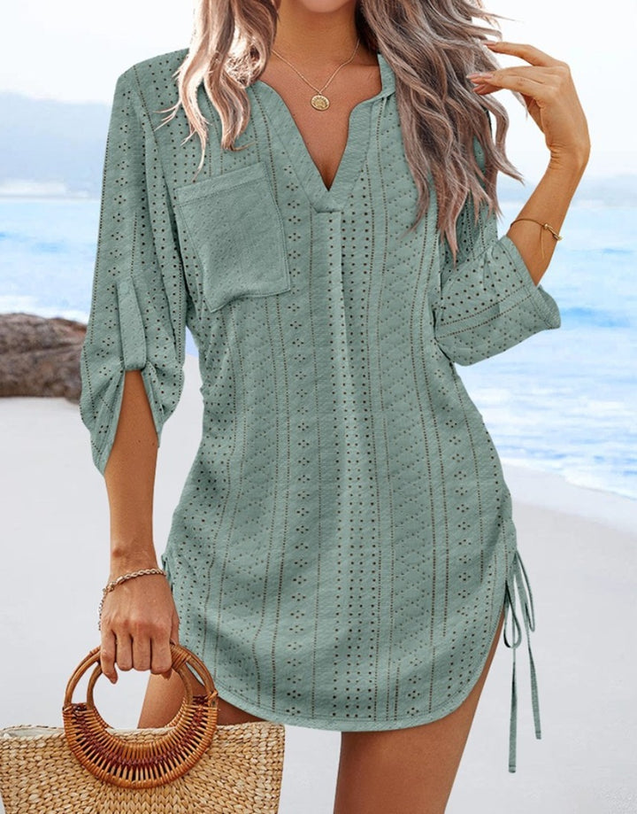 Womens Solid-Color Hollowed-Out Side-Pleated Tie-Detail Dress