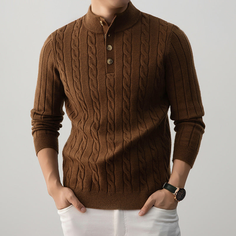 Half-height Henry Collar Button Twisted Sweater Thick Fashion Men's Knitwear
