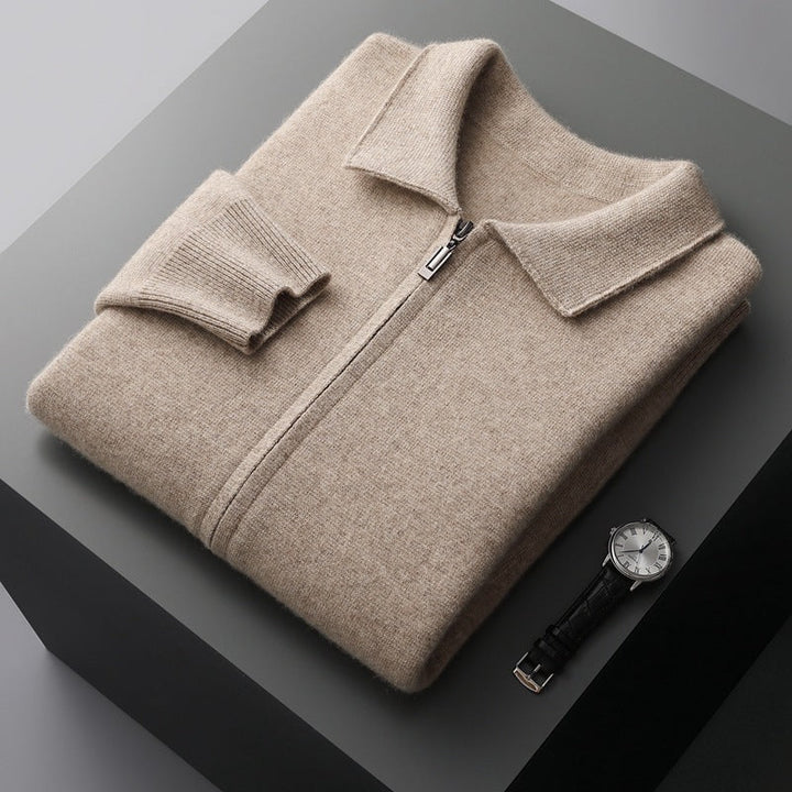 Men's pure wool knitted cardigan with turn-down collar in camel and dark blue colors