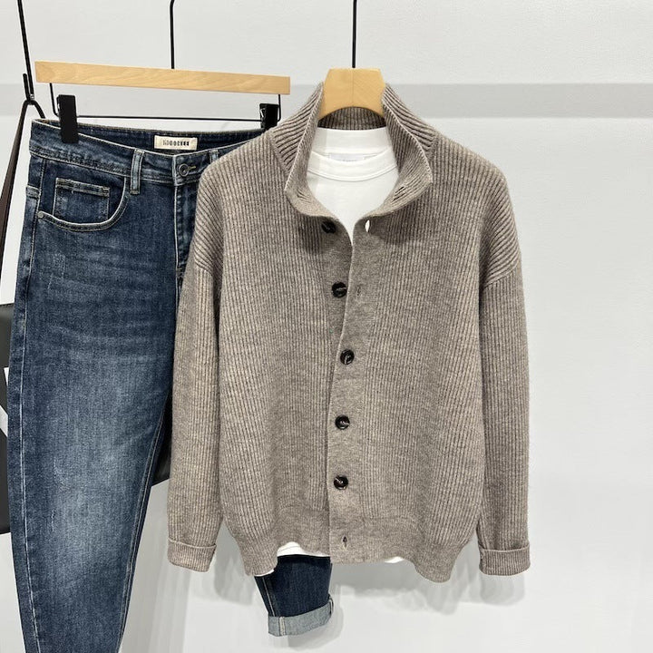 Men's loose casual stand collar cardigan sweater in black and khaki colors