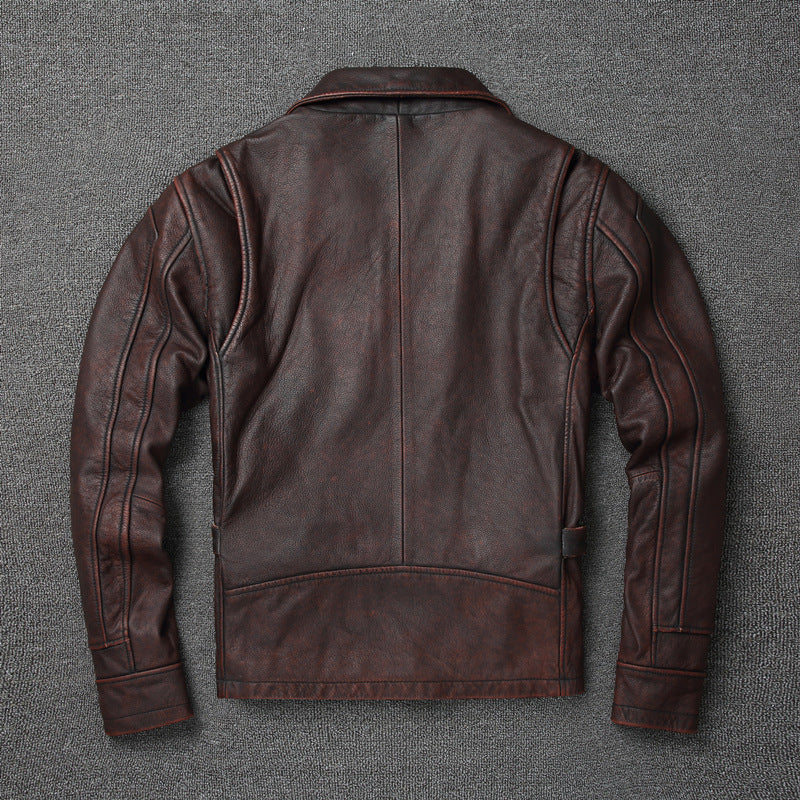 Retro Pure First Layer Cowhide Leather Men's Short Motorcycle Stonewashed Distressed Coat