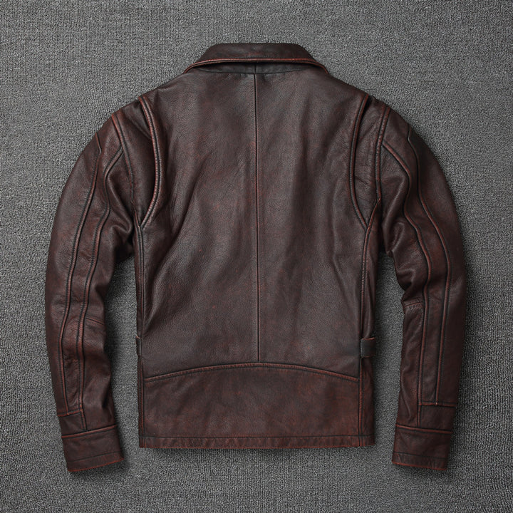 Retro Pure First Layer Cowhide Leather Men's Short Motorcycle Stonewashed Distressed Coat