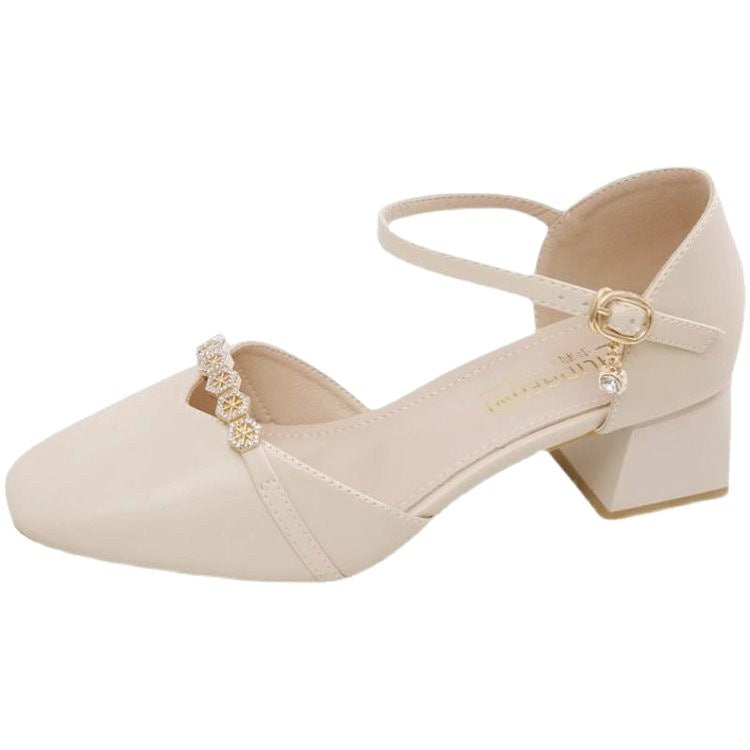 Mid-heel Fairy-style Slingback Soft Leather Square-toe Pumps