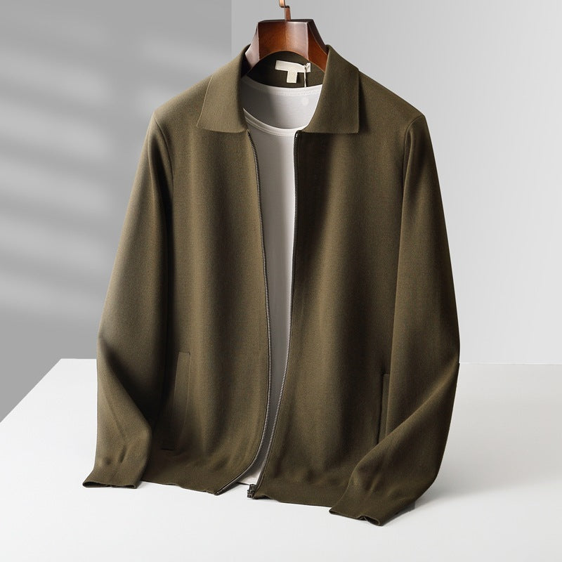 Pure Wool Cardigan Men's Knitted Turn-down Collar Coat
