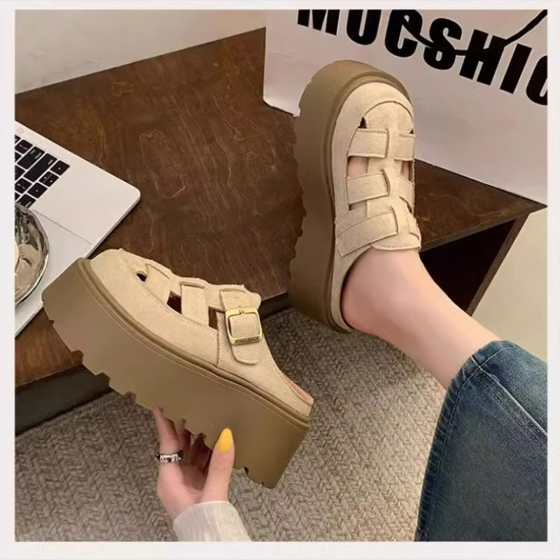 Small Chunky-soled Closed-toe Mule Sandals Hollow-out Roman Style Slippers