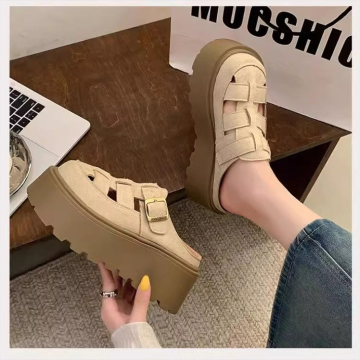 Small Chunky-soled Closed-toe Mule Sandals Hollow-out Roman Style Slippers