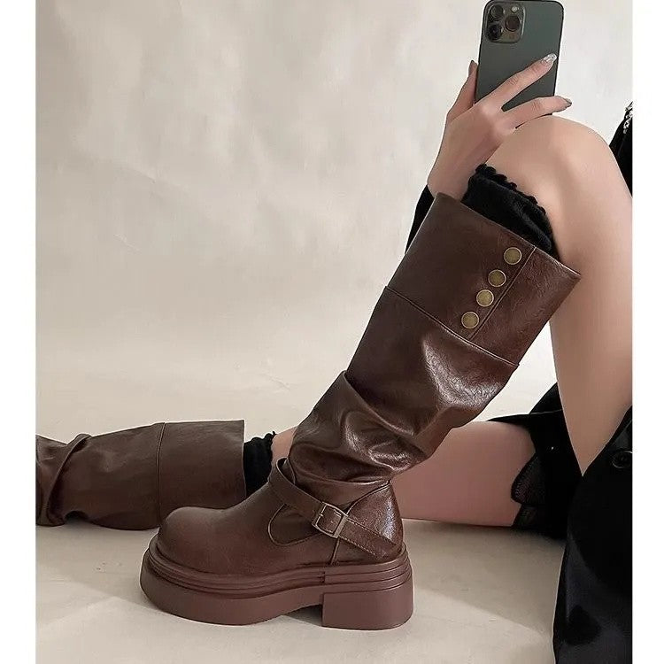 Womens Fashionable Chunky-Soled Versatile Over-the-Knee Booties