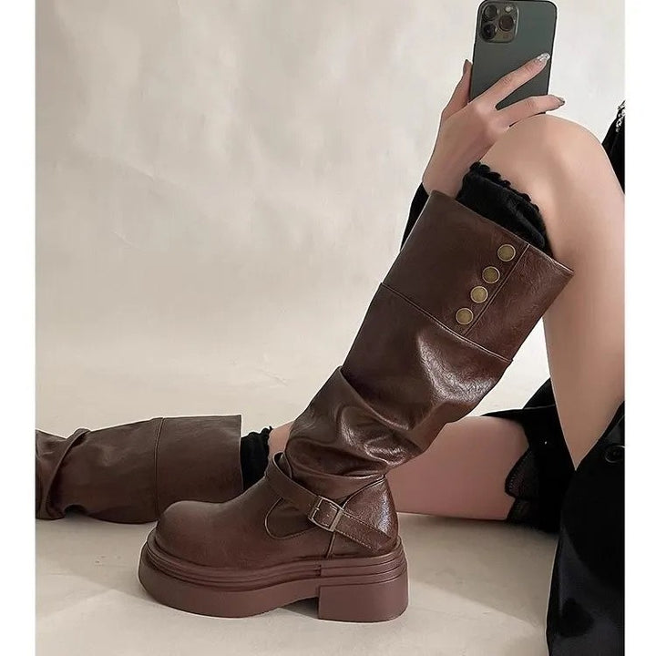 Womens Fashionable Chunky-Soled Versatile Over-the-Knee Booties