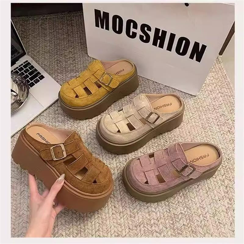 Small Chunky-soled Closed-toe Mule Sandals Hollow-out Roman Style Slippers