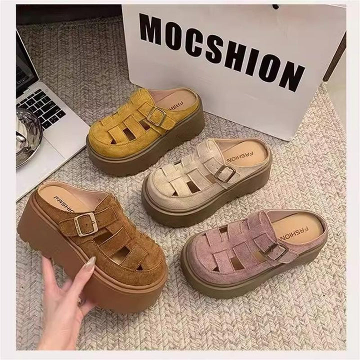 Small Chunky-soled Closed-toe Mule Sandals Hollow-out Roman Style Slippers