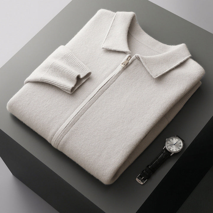 Pure Wool Cardigan Men's Knitted Turn-down Collar Coat