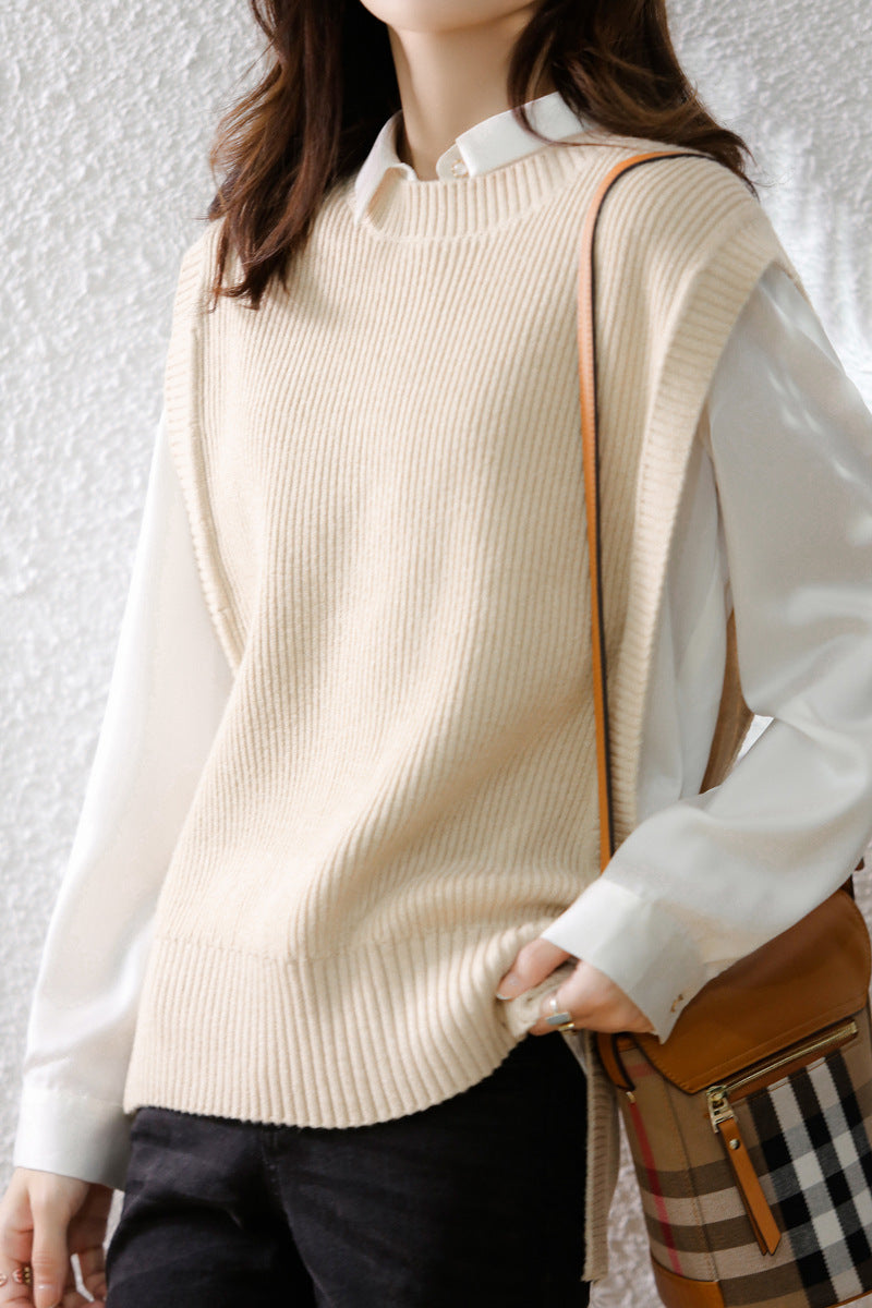 Womens Knitted Crew-Neck Vest Casual Loose-Fit Sleeveless Waistcoat