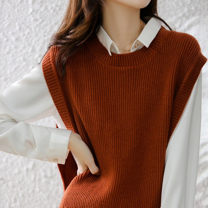 Womens Knitted Crew-Neck Vest Casual Loose-Fit Sleeveless Waistcoat