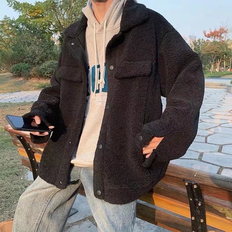 Japanese Ins Berber slim fit fleece cotton coat for men in black and white colors