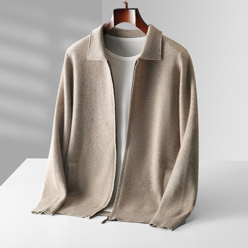 Pure Wool Cardigan Men's Knitted Turn-down Collar Coat