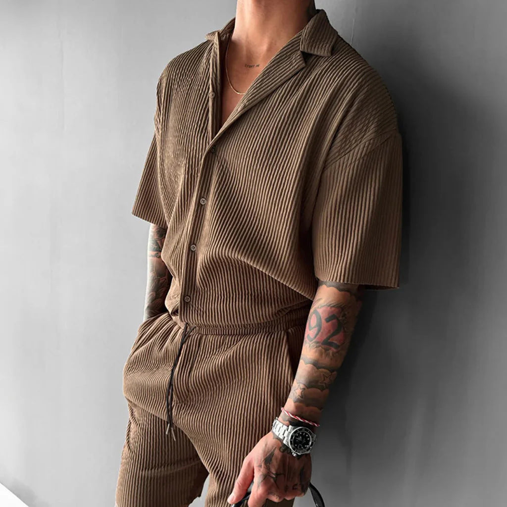 Mens Solid-Color Short-Sleeve Casual Cardigan Shirt
