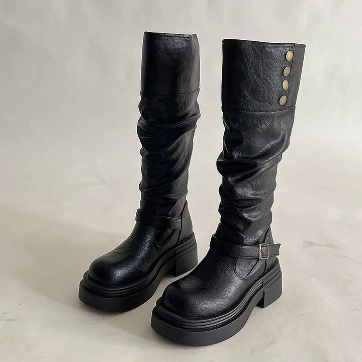 Womens Fashionable Chunky-Soled Versatile Over-the-Knee Booties