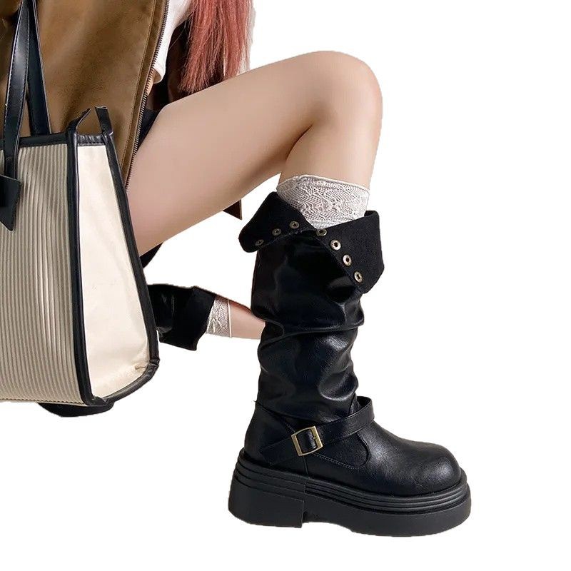 Womens Fashionable Chunky-Soled Versatile Over-the-Knee Booties