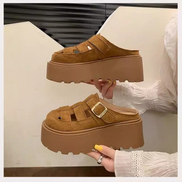 Small Chunky-soled Closed-toe Mule Sandals Hollow-out Roman Style Slippers