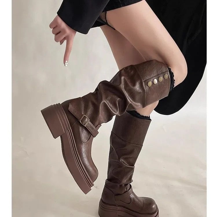 Womens Fashionable Chunky-Soled Versatile Over-the-Knee Booties